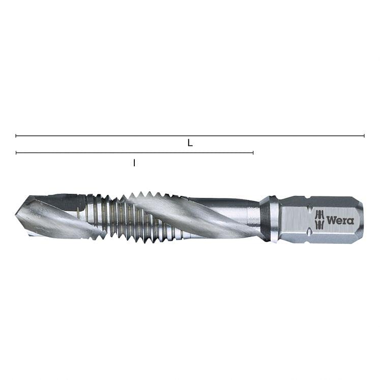 Combined threaded-drilling tap bits with hexagonal drive 1/4" WERA 847 HSS